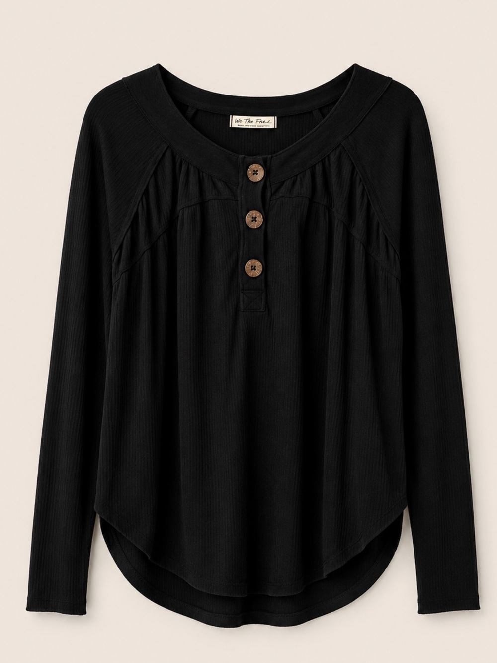 Free People We The Free Black Ribbed Long Sleeve Henley Top Small Oversized Boho